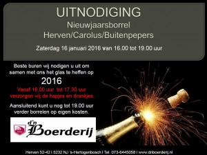 De uitnodiging van de nieuwjaarsborrel van d'n Boerderij.